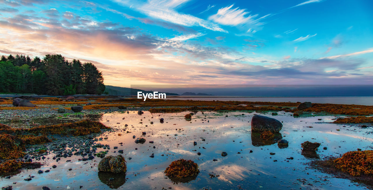 scenic view of beach against sky during sunset