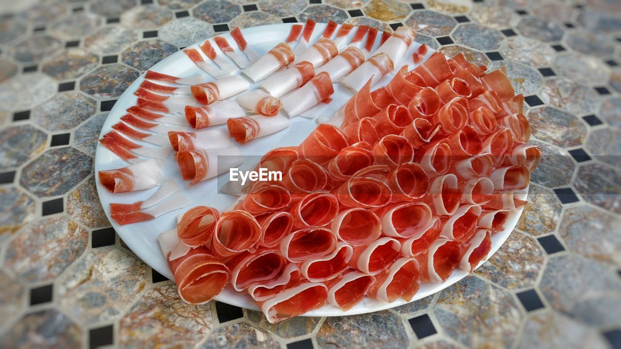 View of rolled up meat in plate