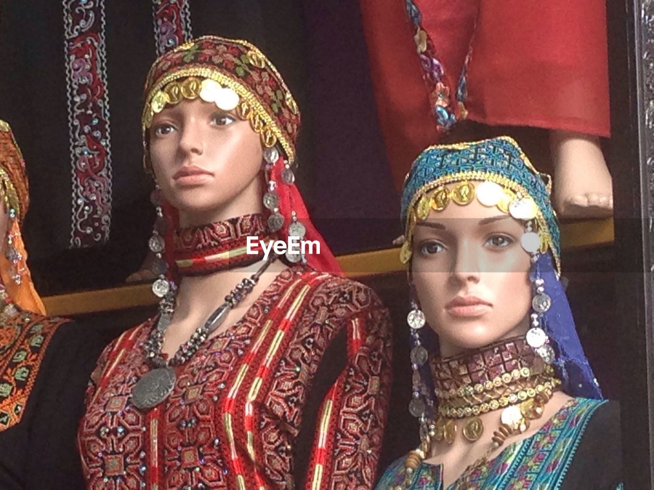 Close-up of displayed mannequins