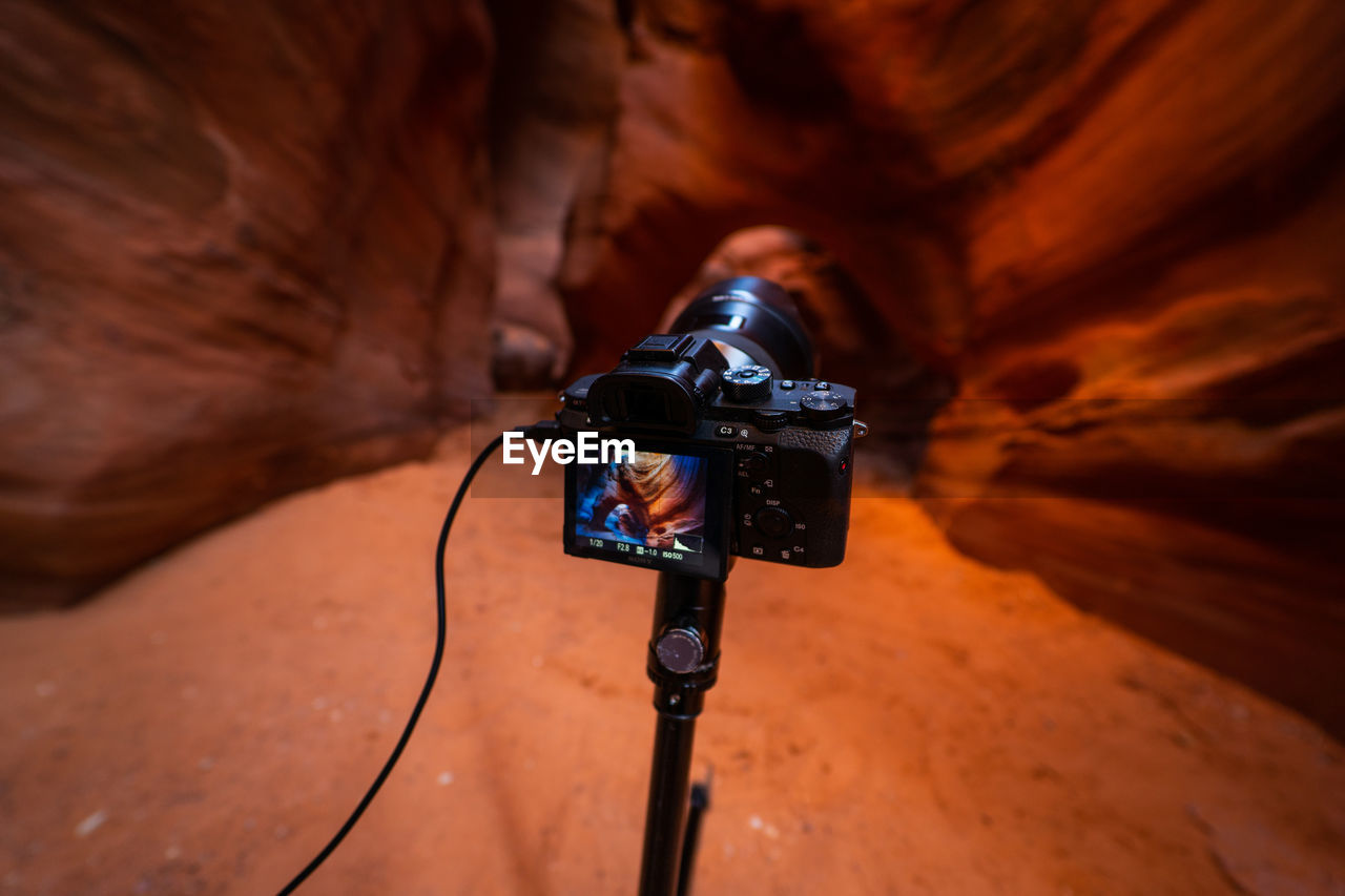 Close-up of camera in cave