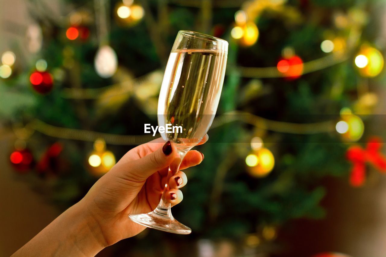 Cropped image of hand holding champagne flute against christmas tree