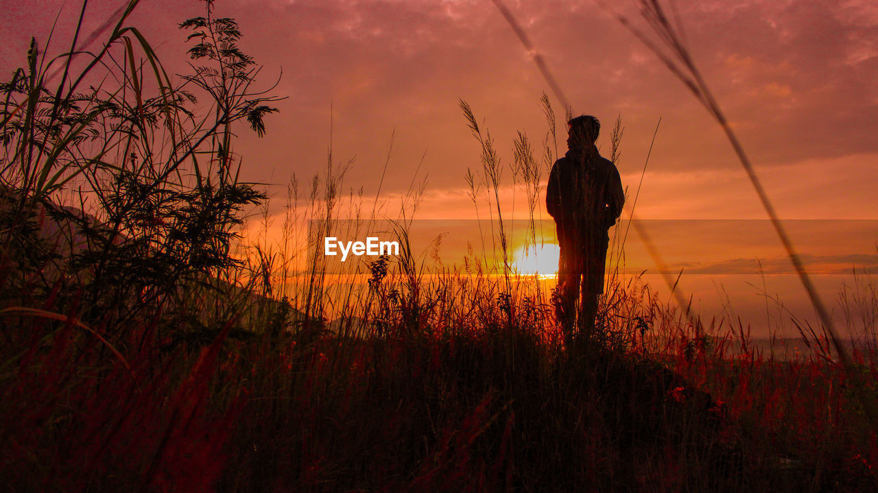 Silhouette man standing on field against sky during sunset