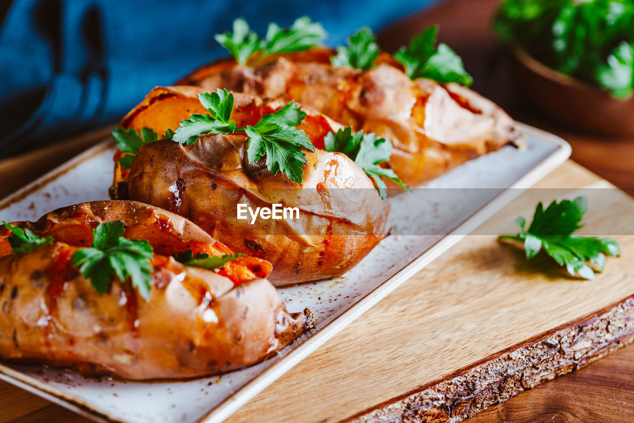 Close-up of delicious meal served on table