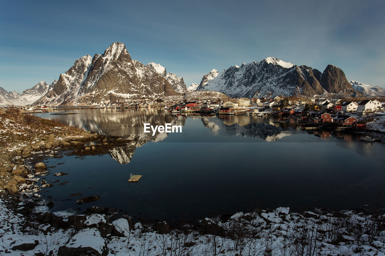 Scenic view of lake and snowcapped mountains against sky