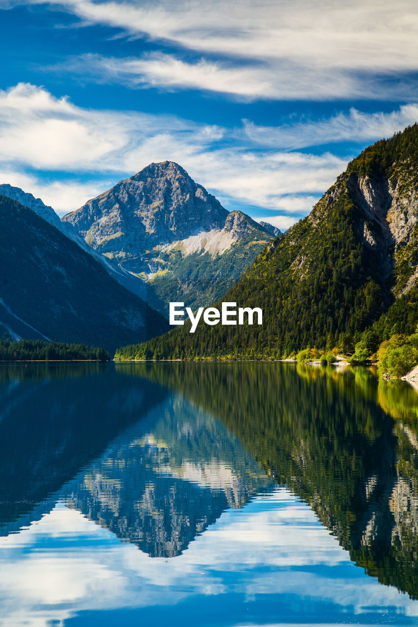 Scenic view of lake and mountains against sky