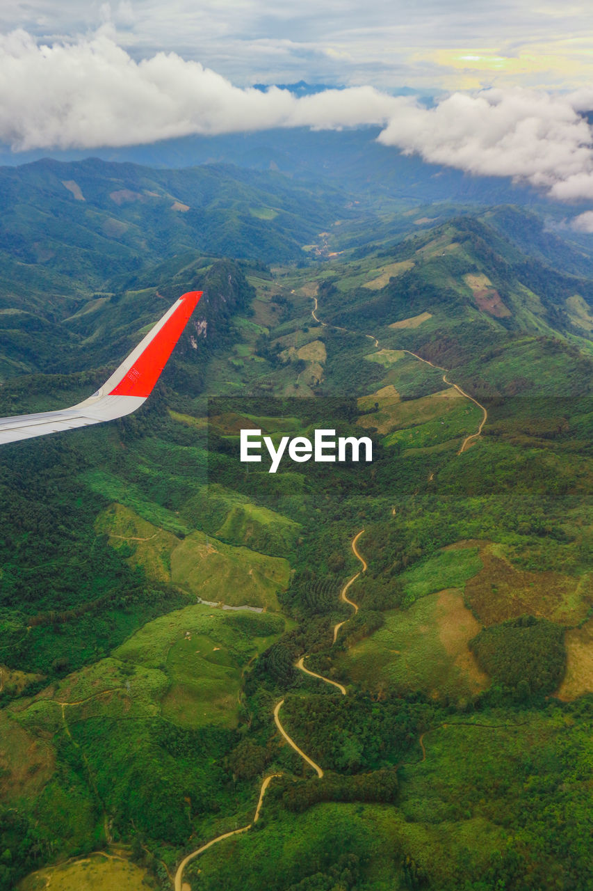 View from airplane over mountain and the mekong river, luang prabang, laos.