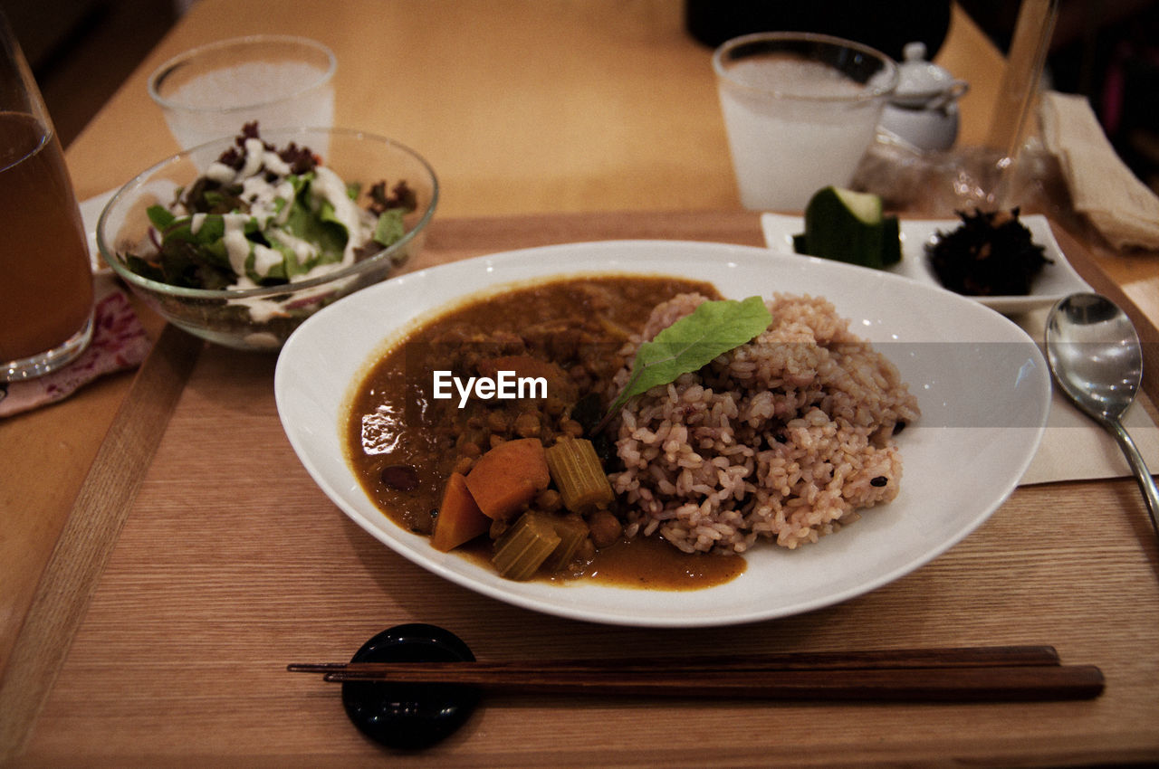 High angle view of food served in plate on table