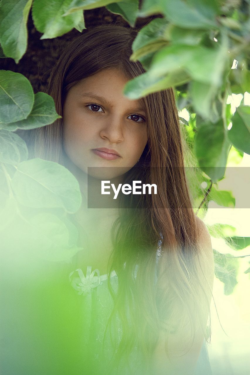 Portrait of young woman seen through leaves