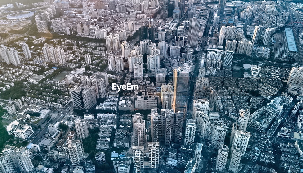 High angle view of modern buildings in city