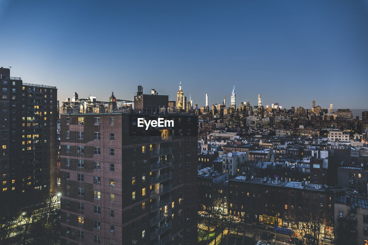 View from alphabet city to midtown manhattan in nyc in the evening. skyline of manhattan