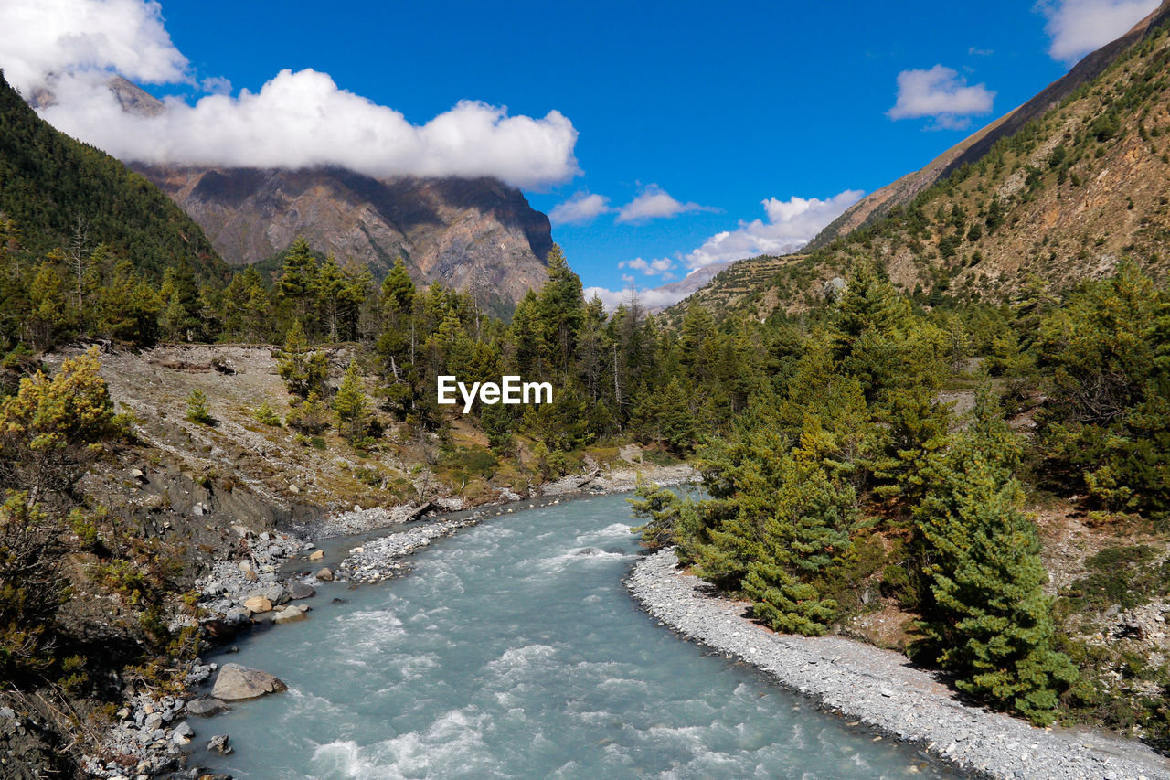 Scenic view of river amidst mountains against sky