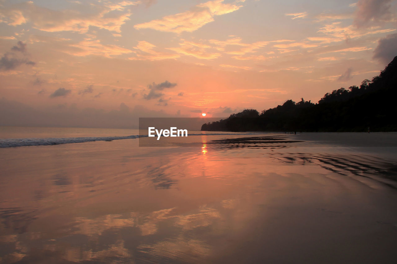 Scenic view of beach against sky during sunset