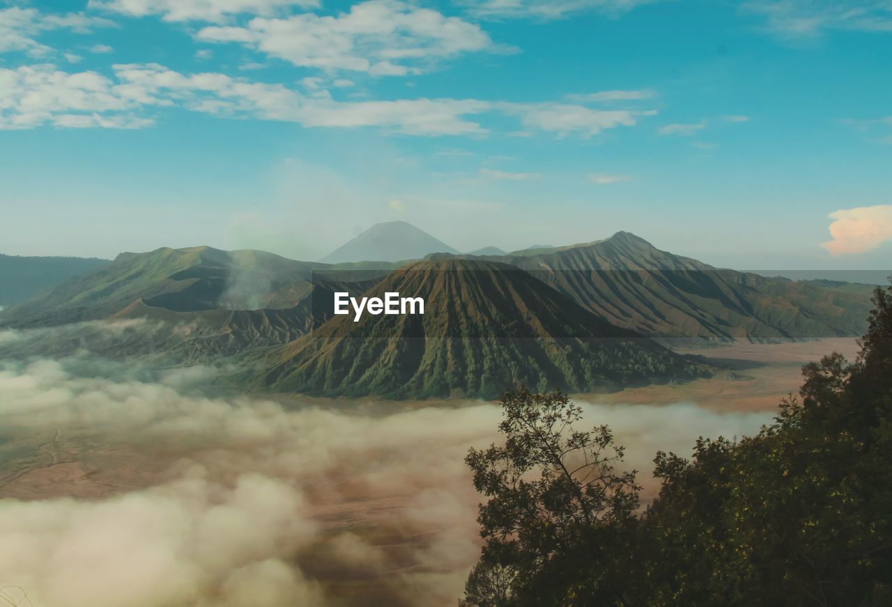 Panoramic view of bromo mountain landscape against sky