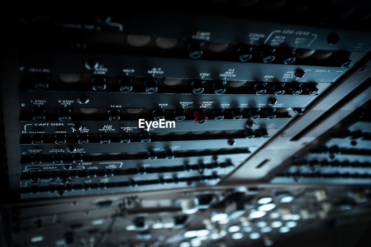 Full frame shot of control panel in airplane cockpit