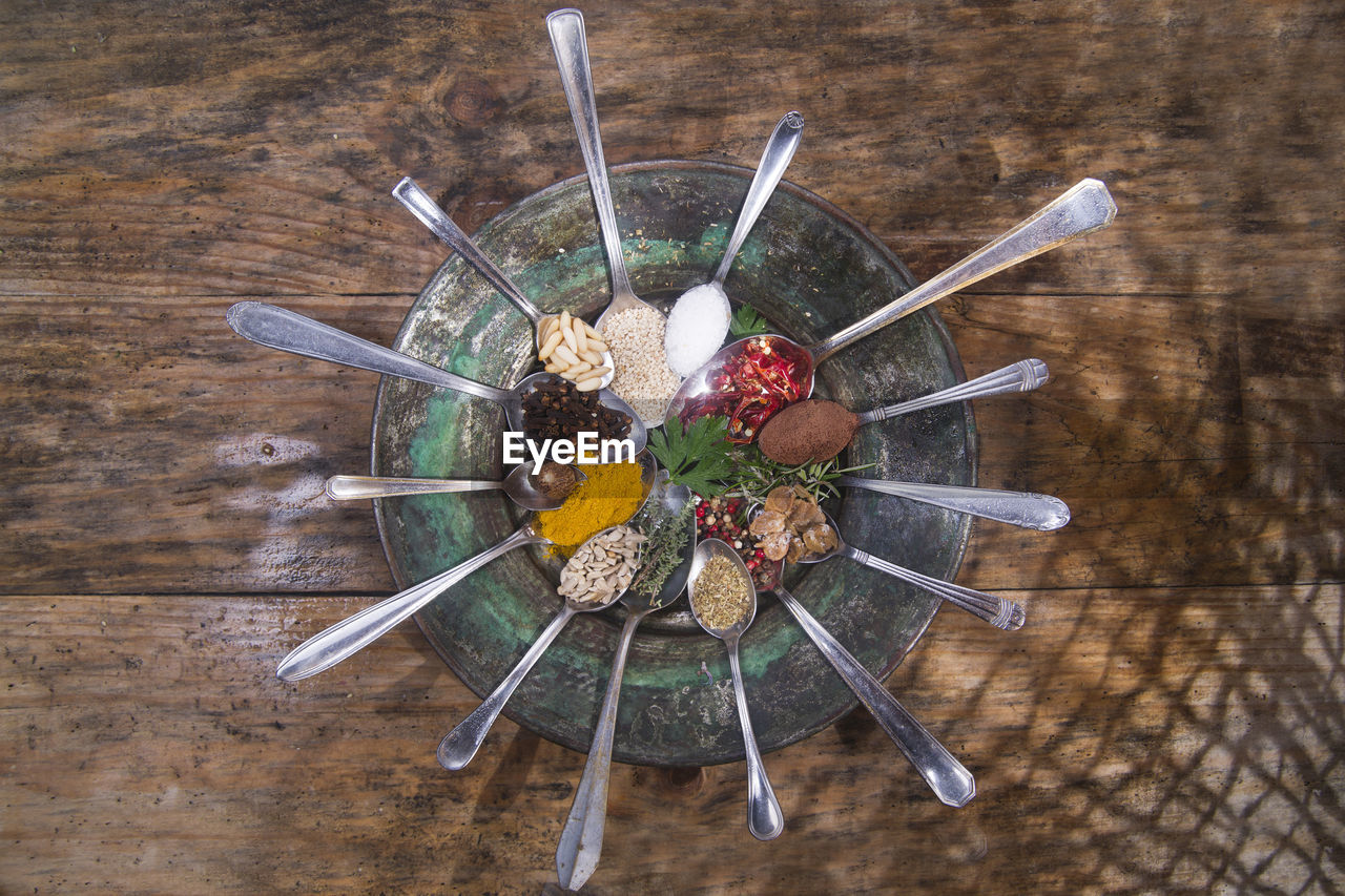 Directly above shot of various spices in spoons on table