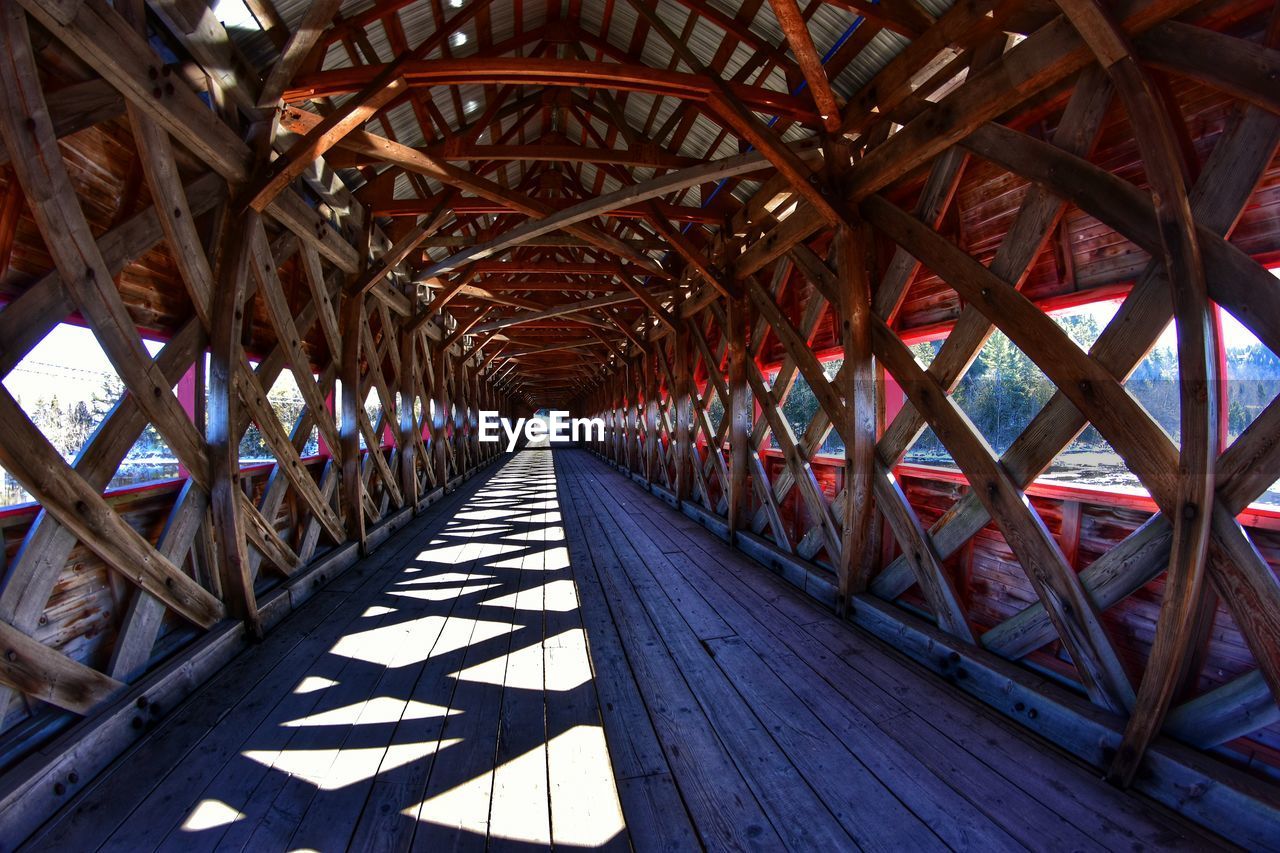 Interior of covered wooden footbridge