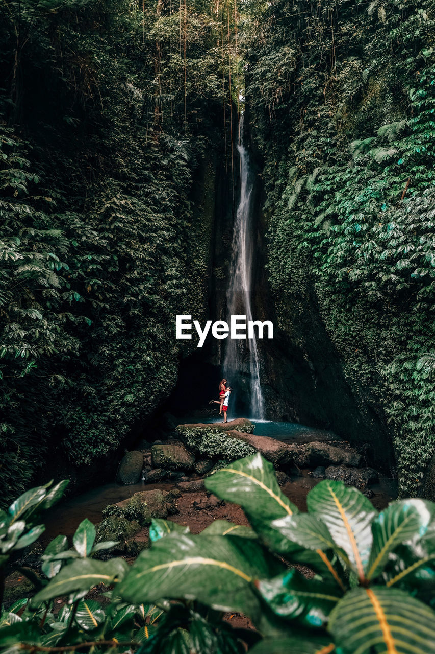 WOMAN STANDING ON ROCK FORMATION AT FOREST