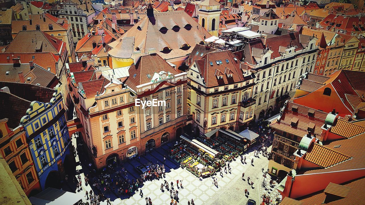 High angle view of old buildings in town