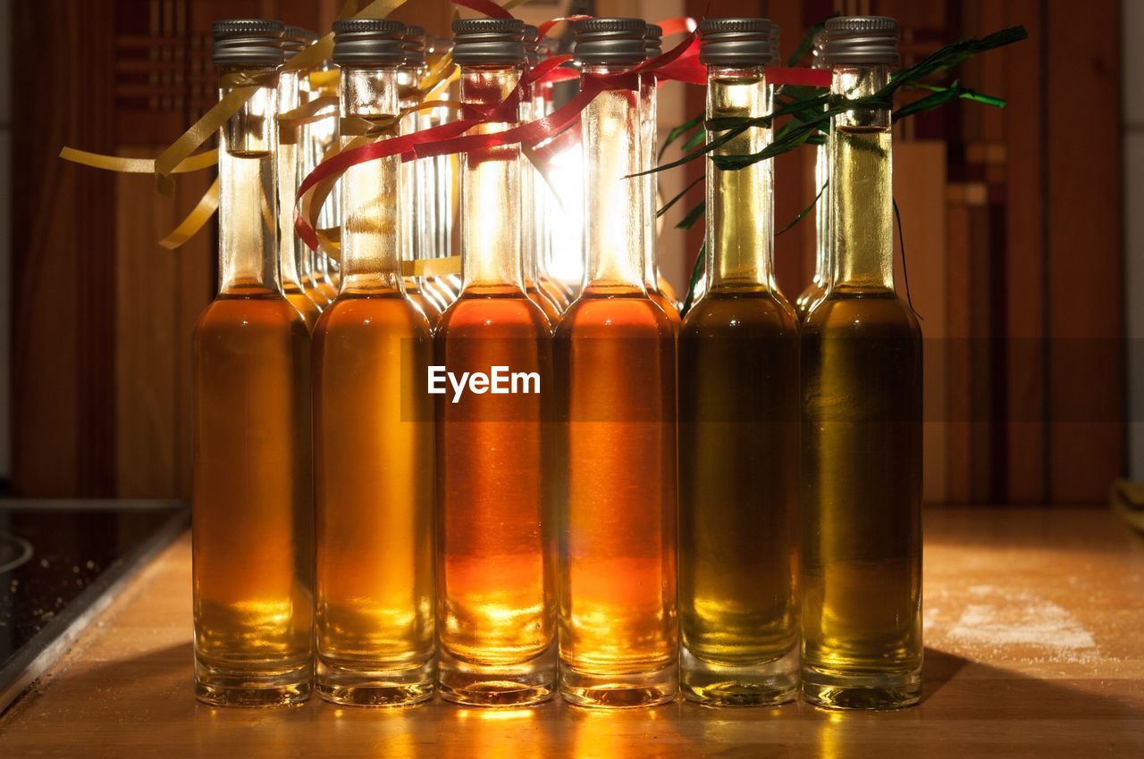 Liquor bottles on counter at home