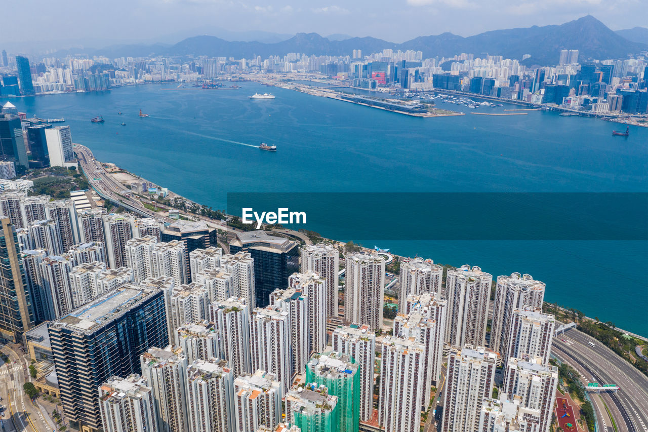 High angle view of city at waterfront