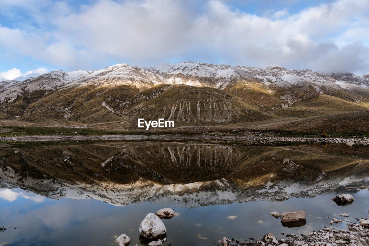 Scenic view of lake by snowcapped mountains against sky