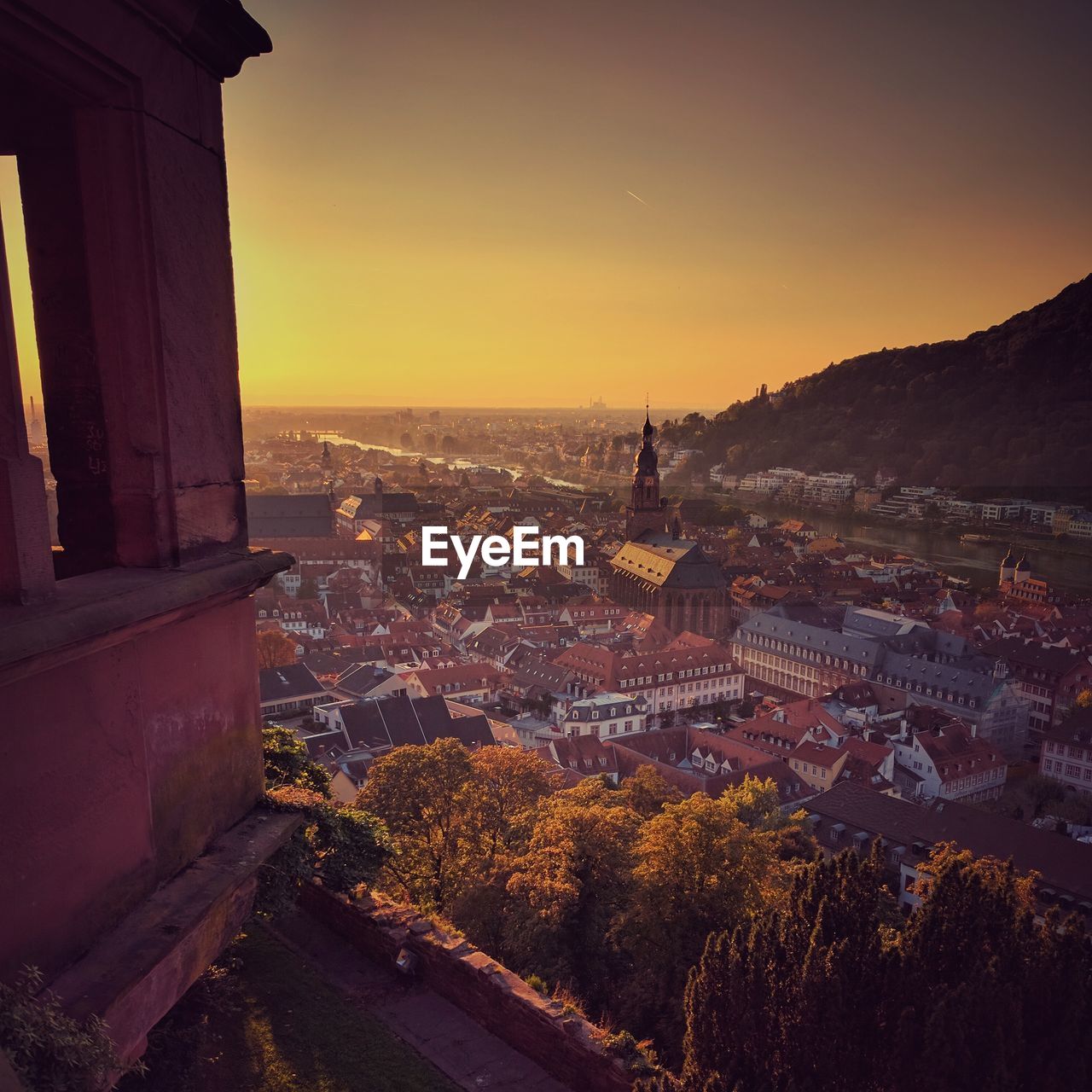 High angle view of heidelberg at sunset