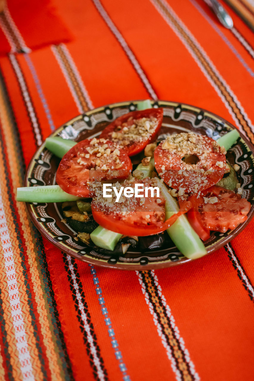 High angle view of food in plate on table