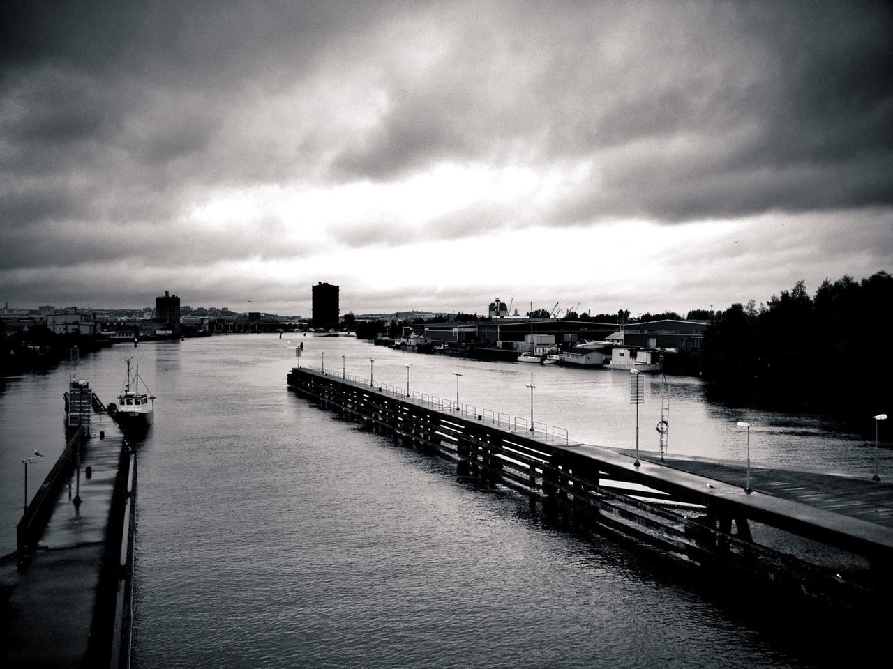 High angle view of harbor at overcast day