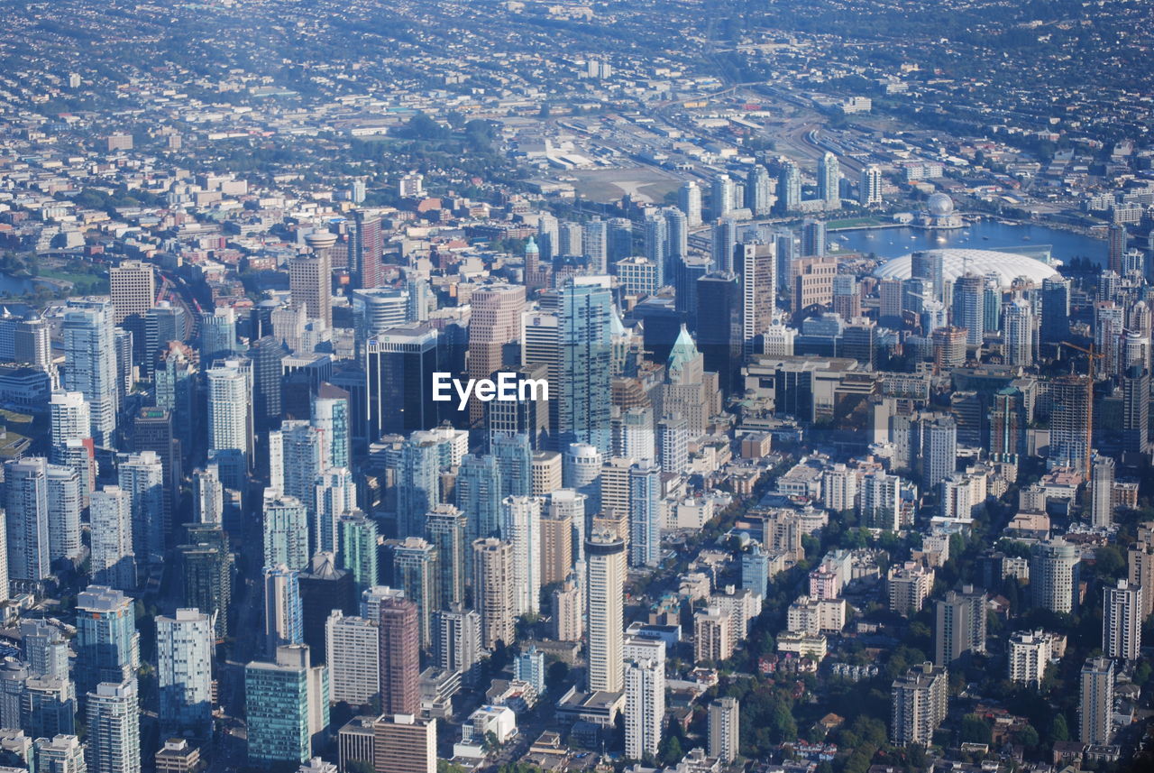 High angle view of modern buildings in city