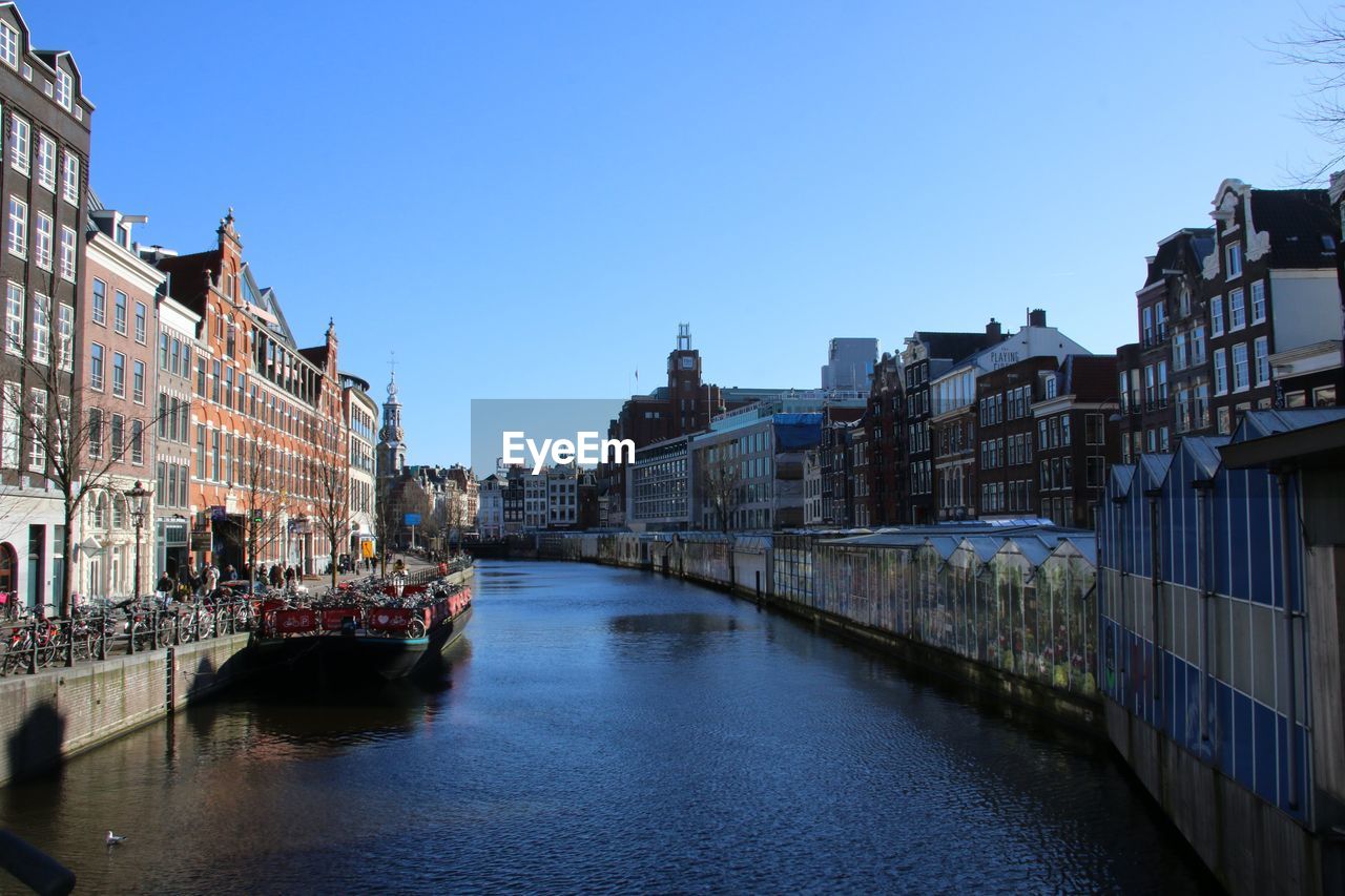 River in city against clear sky