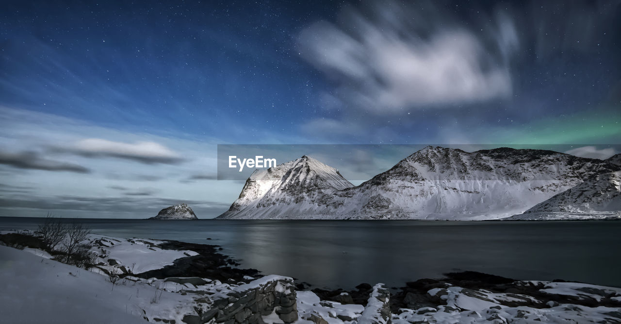 SCENIC VIEW OF SNOWCAPPED MOUNTAIN AGAINST SKY AT NIGHT