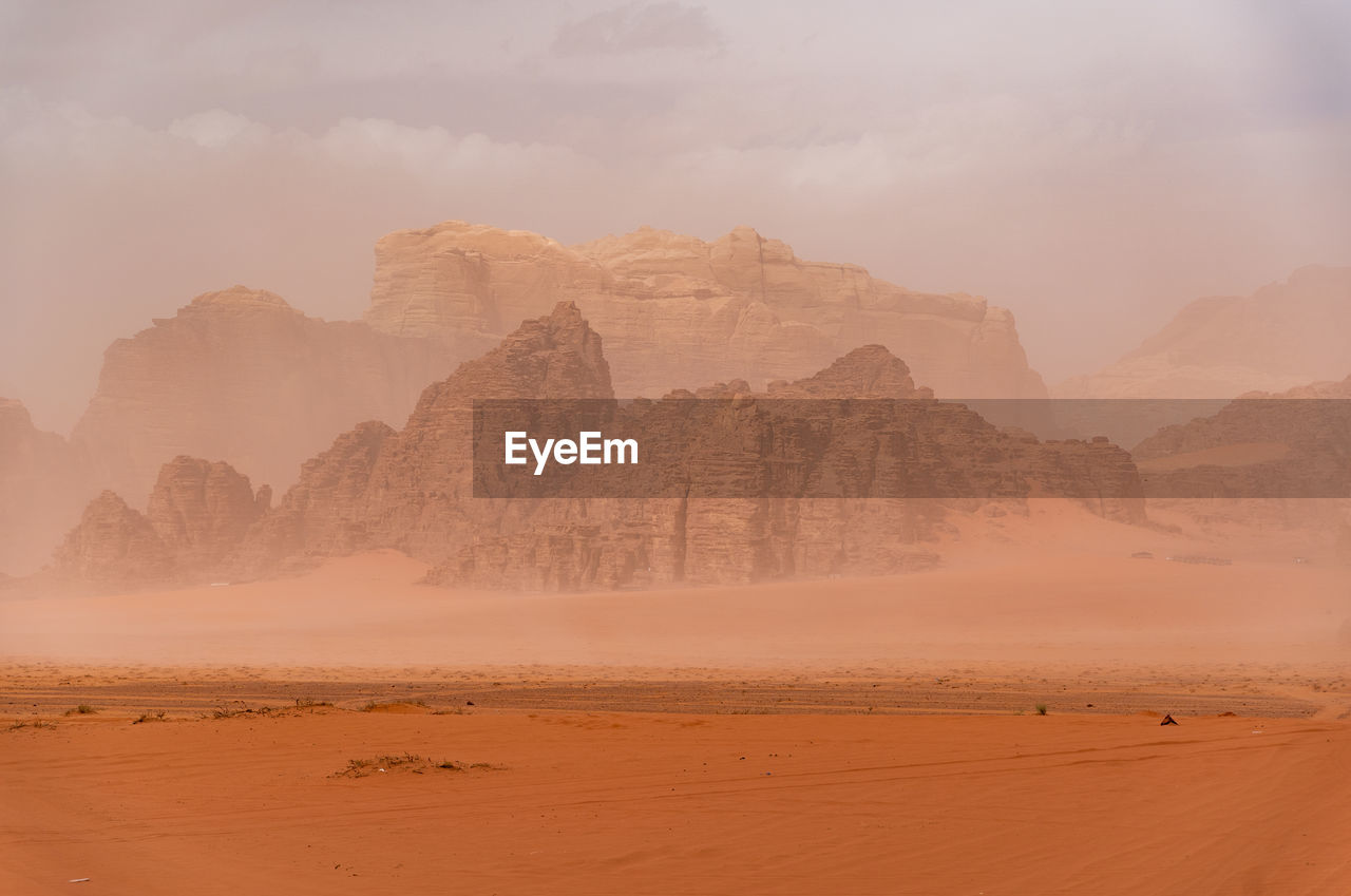 Red mountains of the canyon of wadi rum desert in jordan.