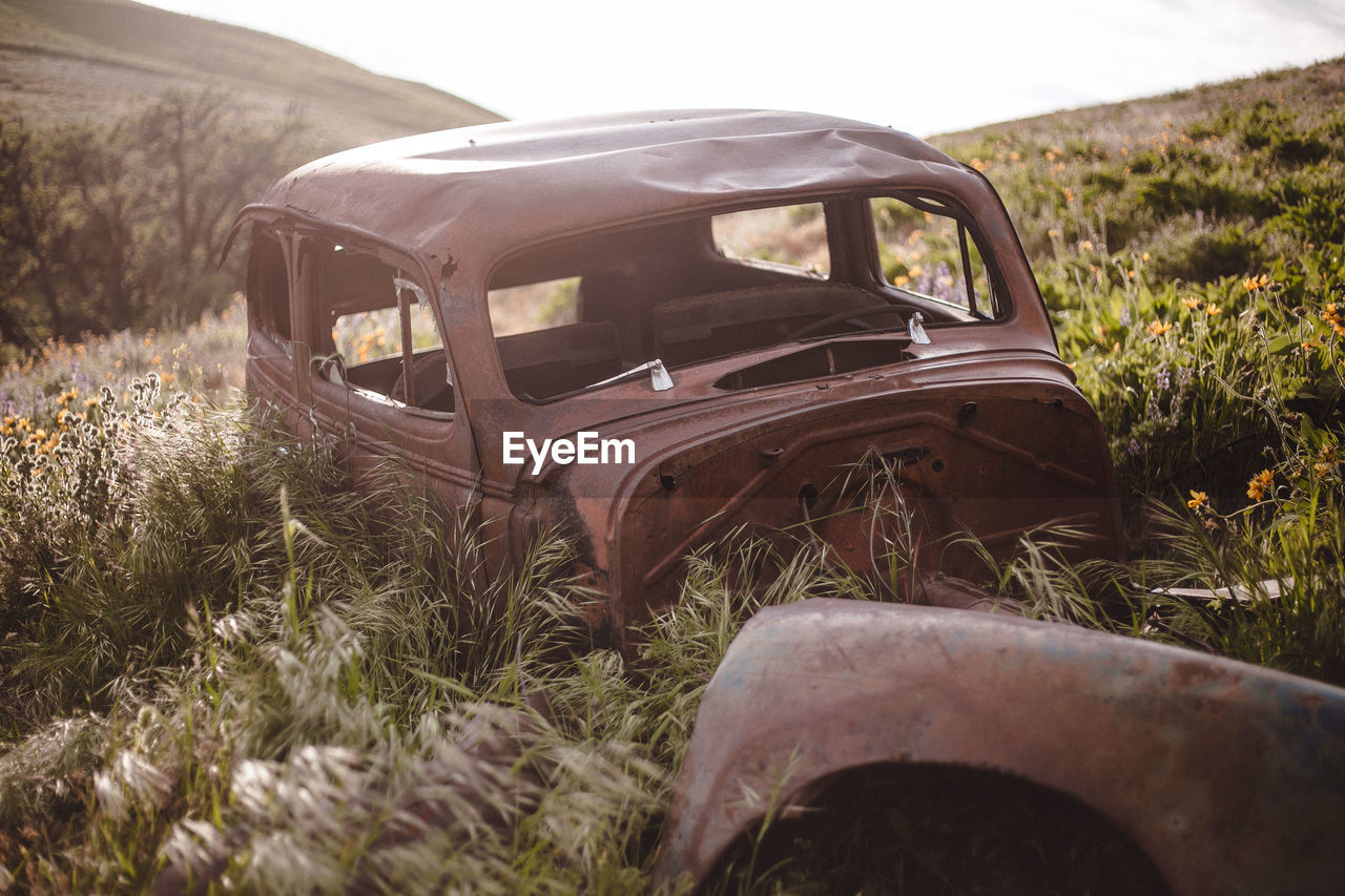 Abandoned car on field