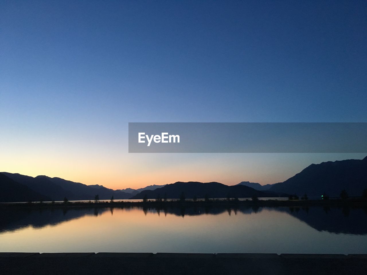 Scenic view of lake against clear sky during sunset