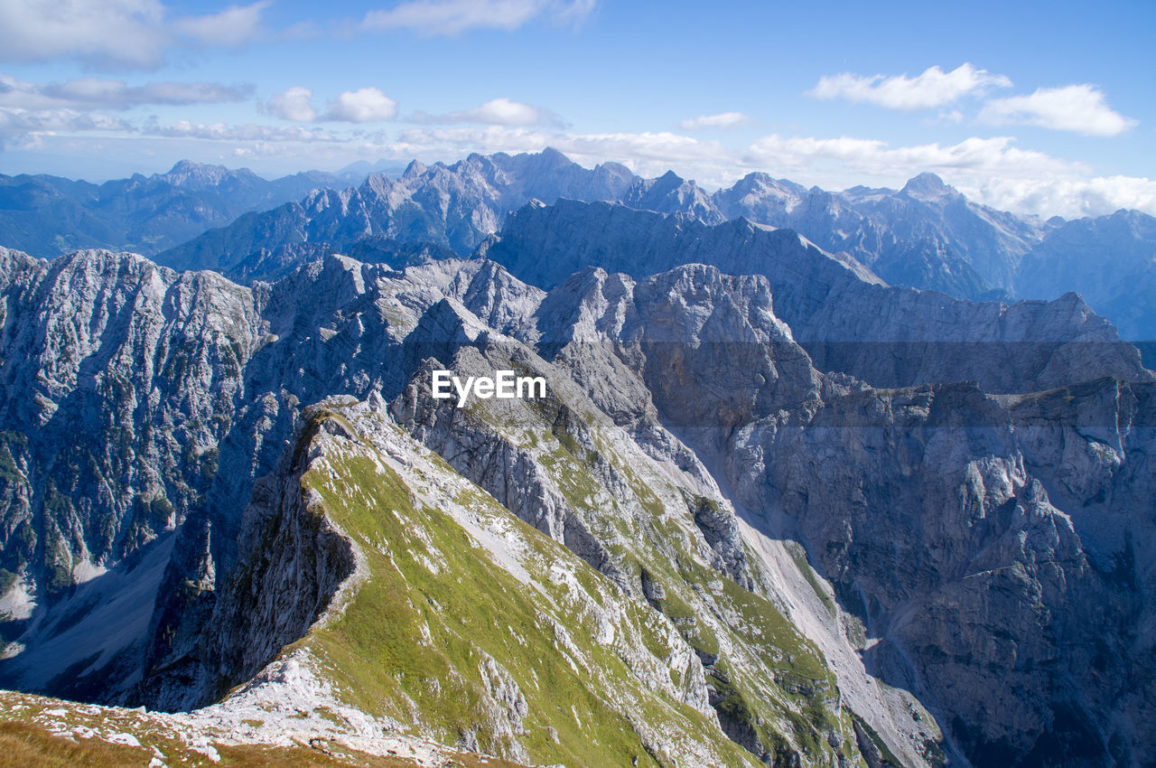 Panoramic view of rocky mountain ridges, julian alps