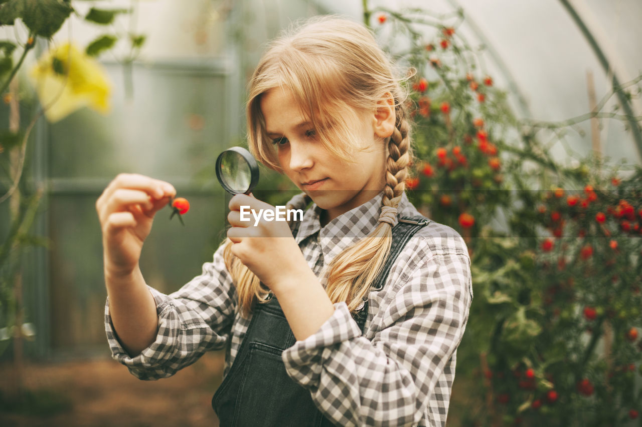 A beautiful little girl stands in a greenhouse with a crop, holds a magnifying glass