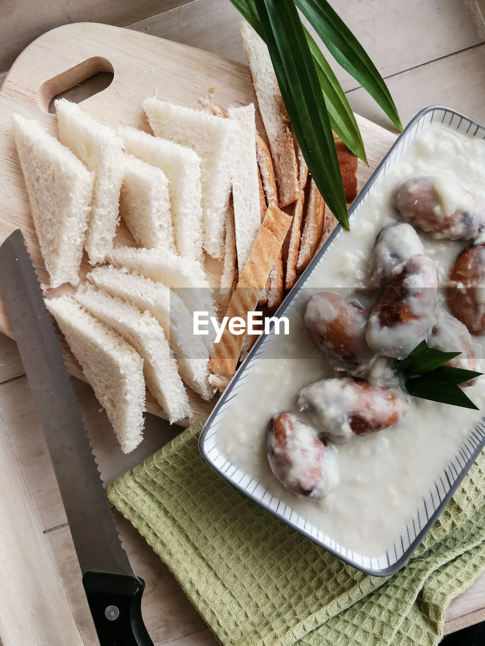 Directly above shot of food with bread on table