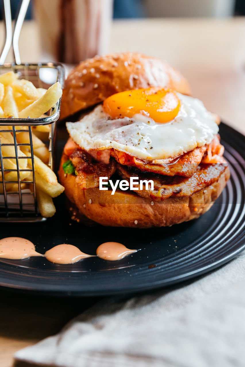 Close-up of breakfast served on table 