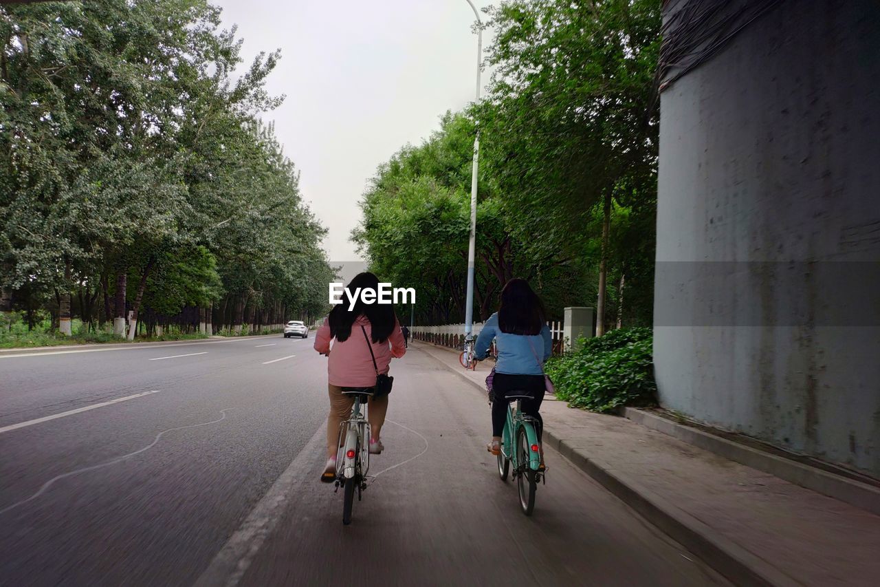 REAR VIEW OF WOMAN RIDING BICYCLES ON ROAD