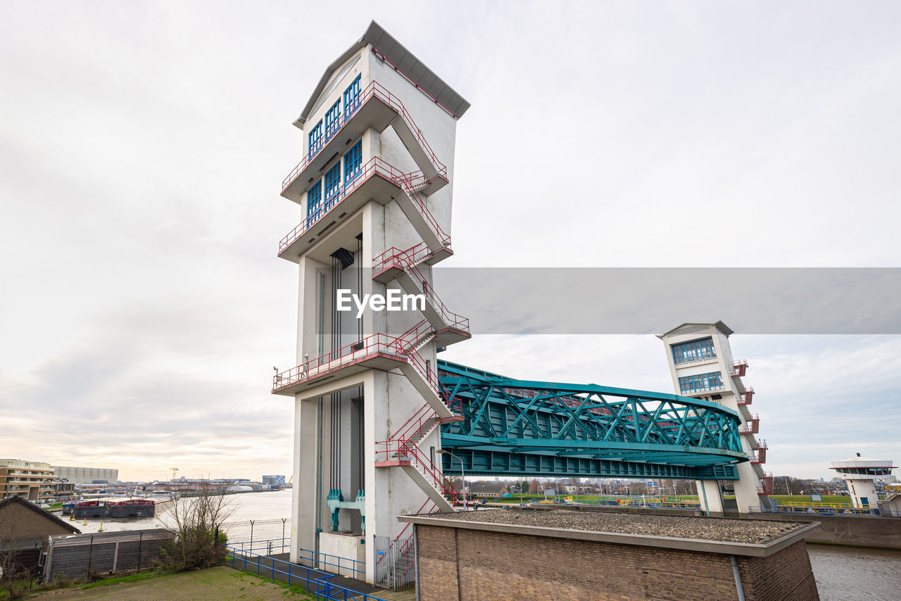 Wide angle view of storm surge barrier in river hollandsche ijssel, near rotterdam, the netherlands.