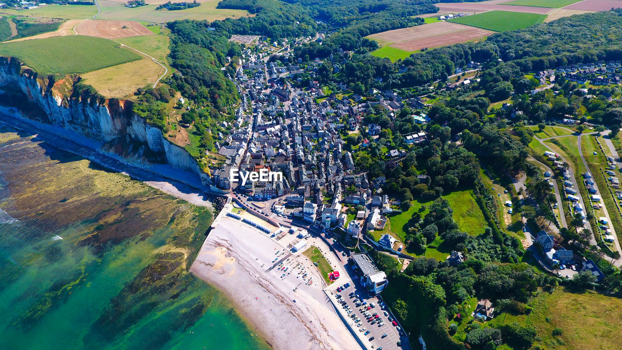 Aerial view of town by sea at yport