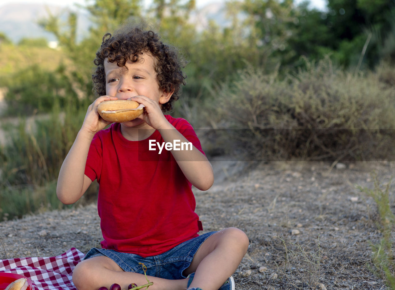 Funny picnic situation of a boy eating a sandwich in the mountains 