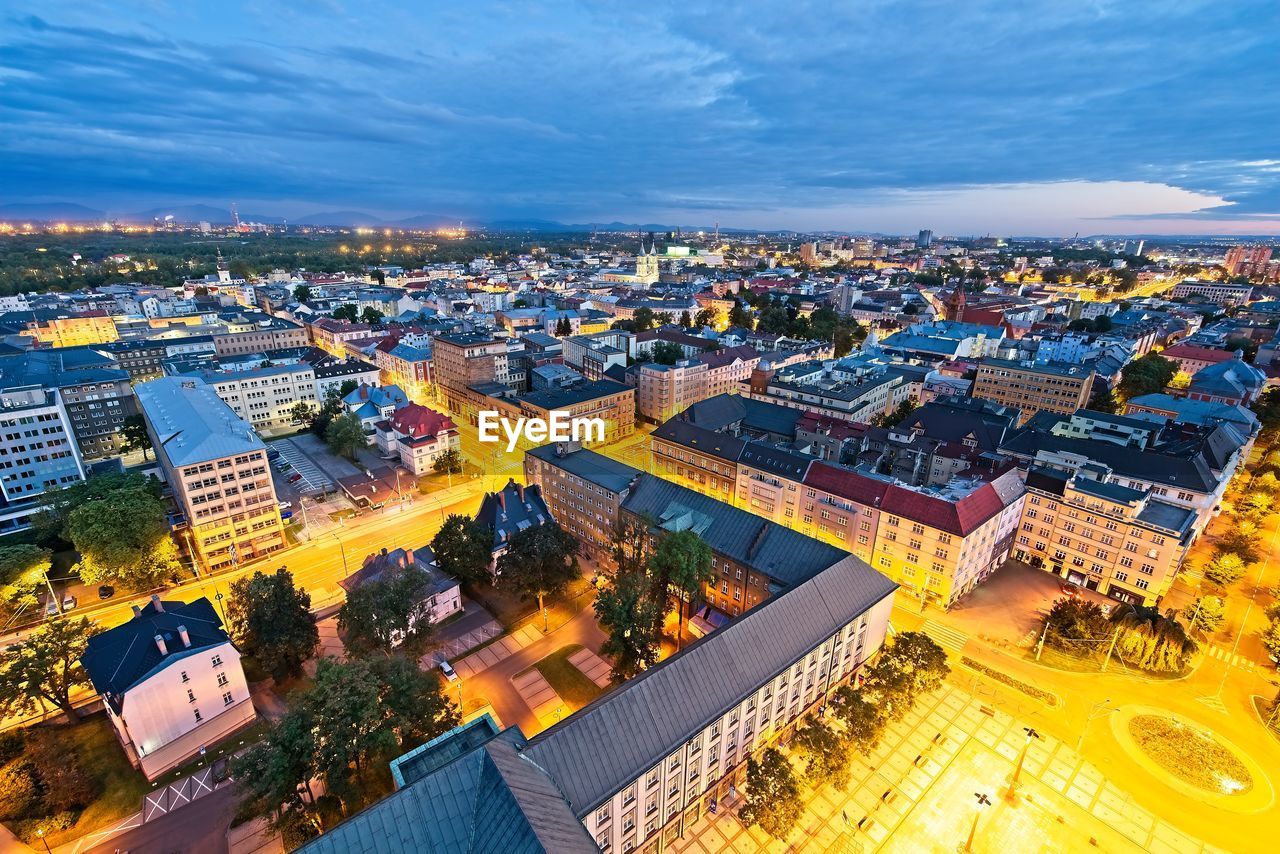 High angle view of street amidst buildings in city