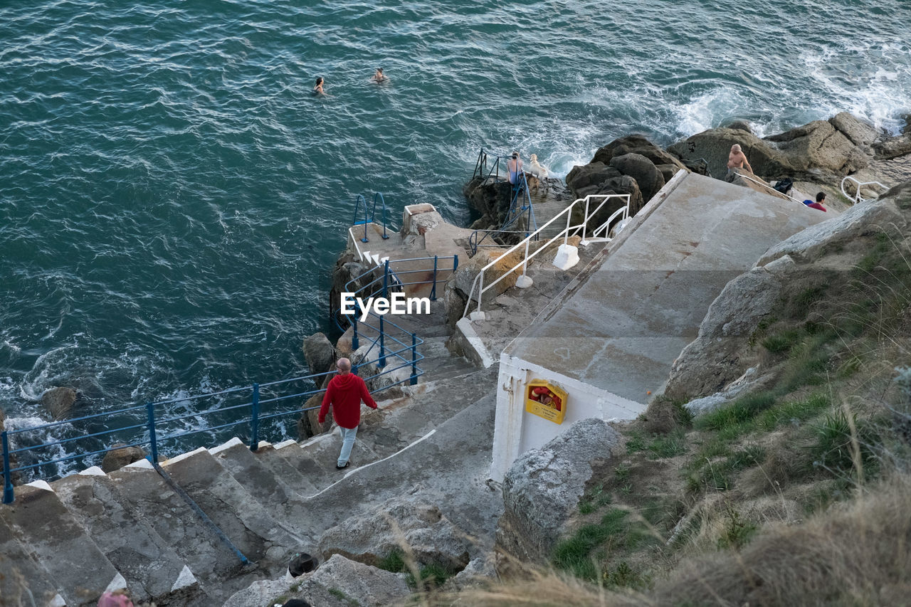 HIGH ANGLE VIEW OF PEOPLE ON ROCKS AT SEA