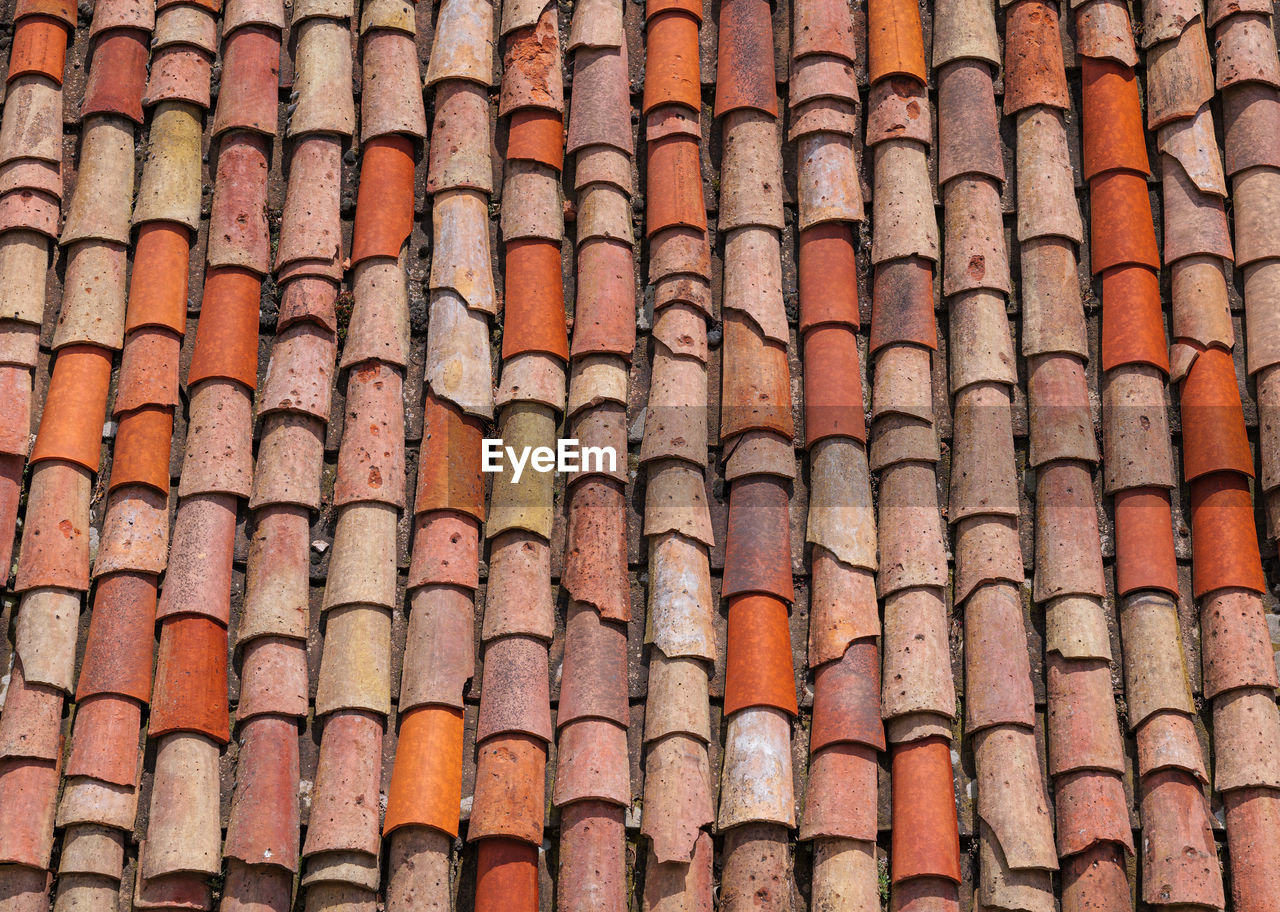 Close-up of old roof tiles in a village