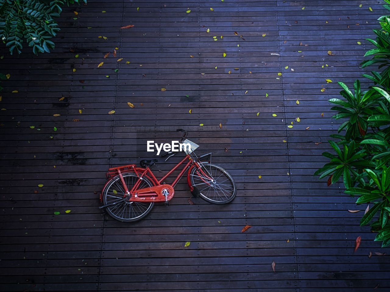 High angle view of bicycle on footpath against brick wall