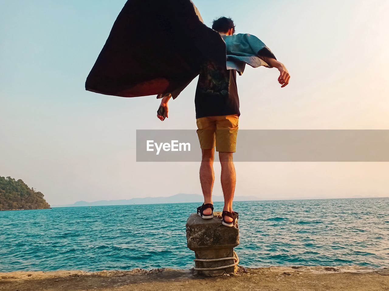 Rear view of man standing against sea