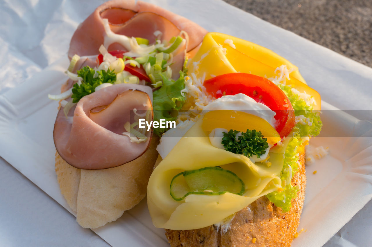 High angle view of breakfast served in plate