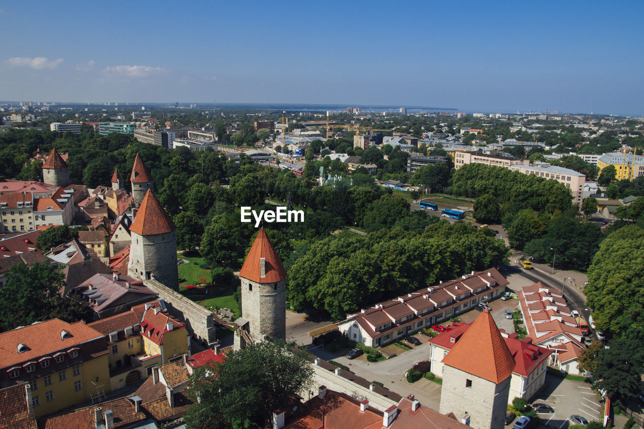 High angle view of town against sky