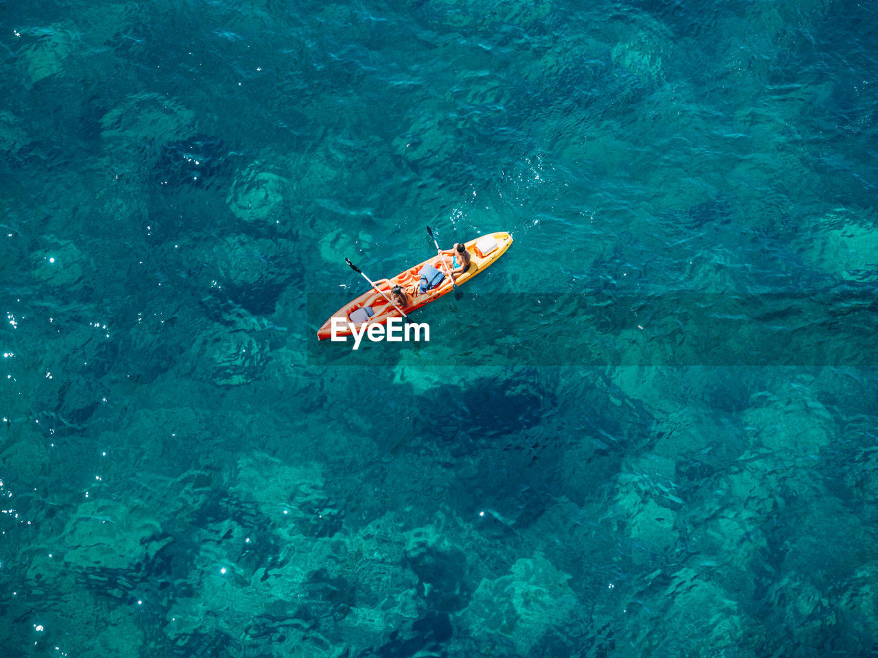 High angle view of canoe in sea